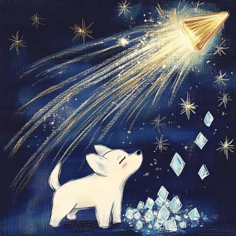 Illustration of a white dog looking toward a bright comet over scattered blue crystals.