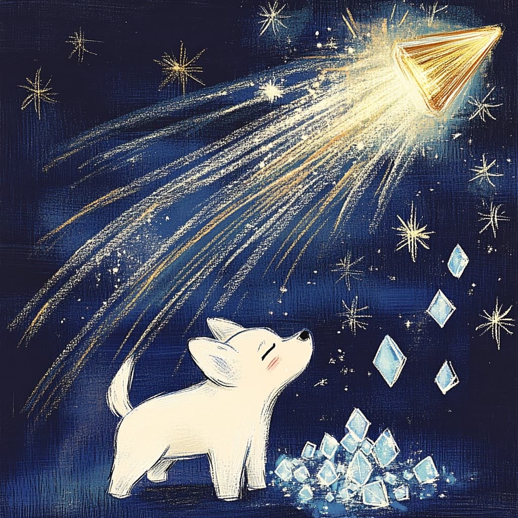 Illustration of a white dog looking toward a bright comet over scattered blue crystals.